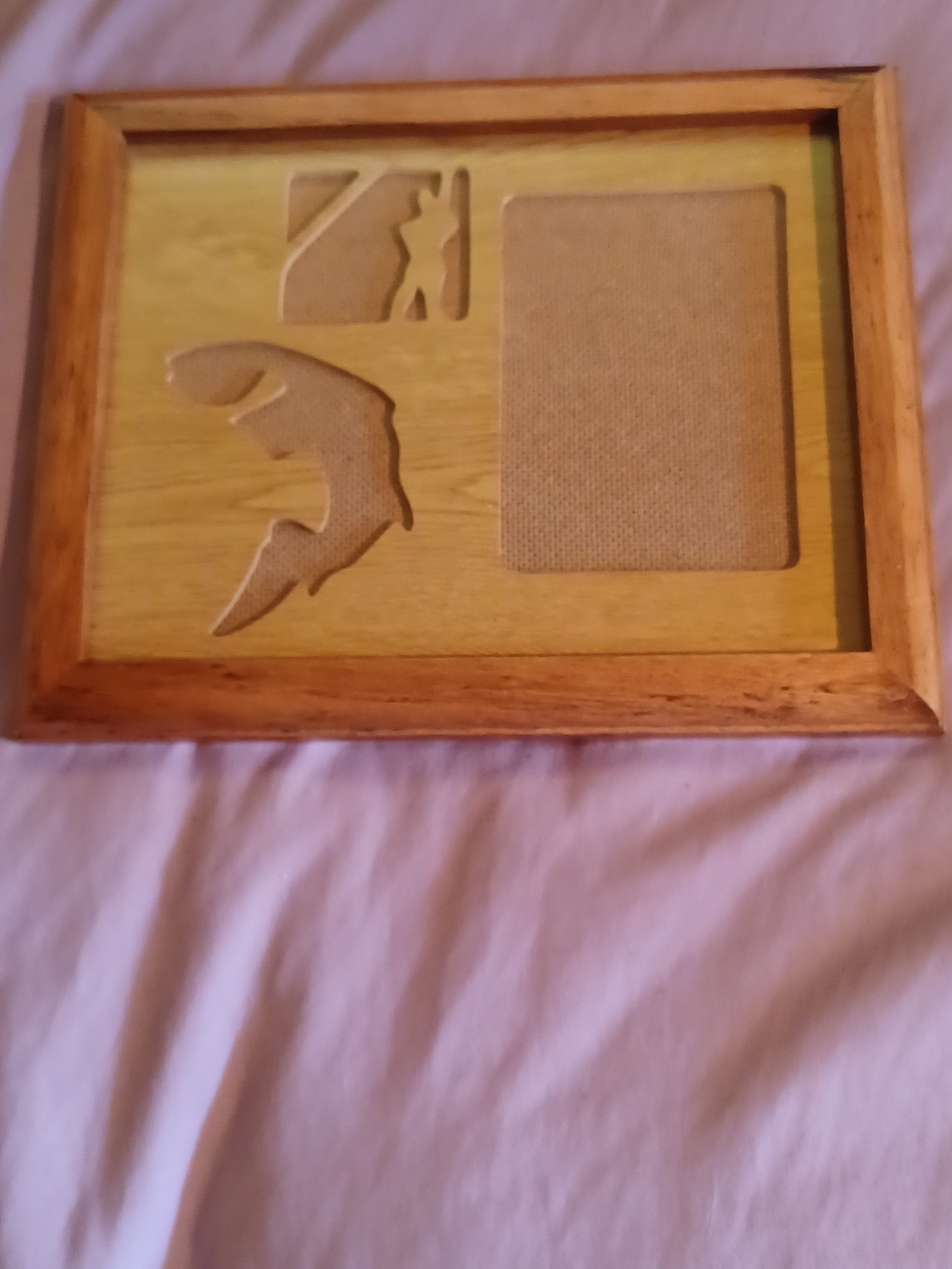 New, Wooden Fishing Photo Frame in Light Brown and Beige